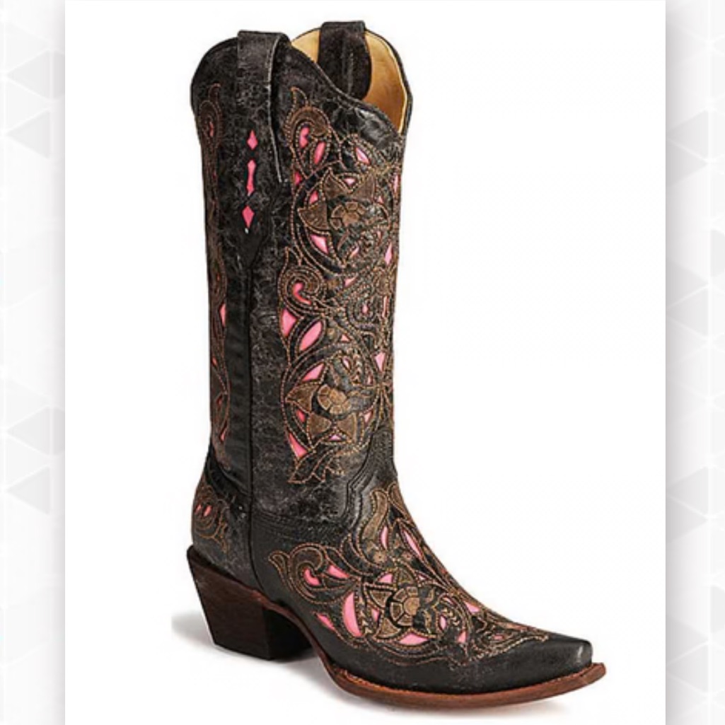 Corral Boots Black Cognac Pink Goat Laser Overlay Sz 6.5